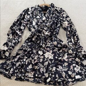 Fate Black and Cream Floral Long Sleeve Faux Wrap Dress - size Medium